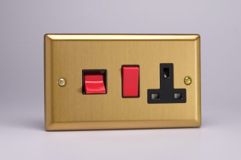 Varilight Classic Brushed Brass 45A Cooker Panel with 13A Double Pole Switched Socket Outlet (Red Rocker)