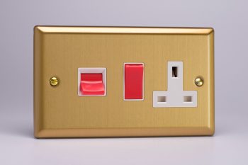 Varilight Classic Brushed Brass 45A Cooker Panel with 13A Double Pole Switched Socket Outlet (Red Rocker)