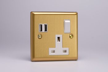 Varilight Classic Brushed Brass 1-Gang 13A Switched Socket with 2 x 17W Shared USB A Charging Ports