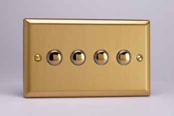 Varilight Classic Brushed Brass 4-Gang 6A 1- or 2-Way Push-On/Off Impulse Switch (Twin Plate)