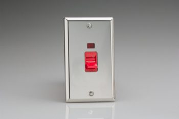 Varilight Classic Mirror Chrome 45A Cooker Switch + Neon (Vertical Twin Plate, Red Rocker)