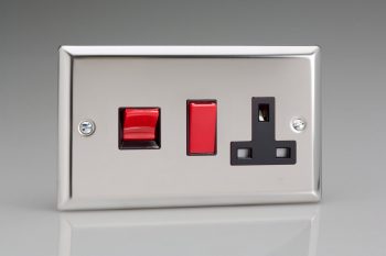 Varilight Classic Mirror Chrome 45A Cooker Panel with 13A Double Pole Switched Socket Outlet (Red Rocker)