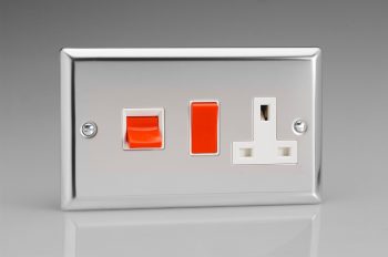 Varilight Classic Mirror Chrome 45A Cooker Panel with 13A Double Pole Switched Socket Outlet (Red Rocker)