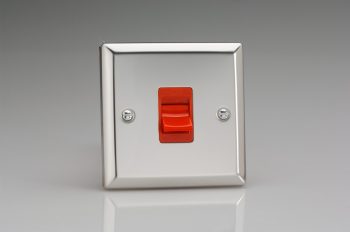 Varilight Classic Mirror Chrome 45A Cooker Switch (Single Plate, Red Rocker)