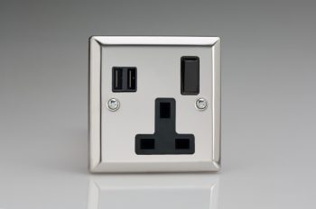 Varilight Classic Mirror Chrome 1-Gang 13A Single Pole Switched Socket + 2x5V DC 3400mA USB Charging Ports with Black Inserts