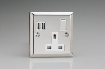 Varilight Classic Mirror Chrome 1-Gang 13A Single Pole Switched Socket + 2x5V DC 3400mA USB Charging Ports