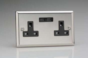 Varilight Classic Mirror Chrome 2-Gang 13A Unswitched Socket + 2x5V DC 2100mA USB Charging Ports
