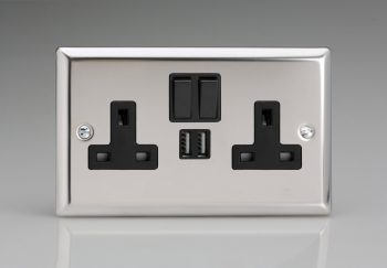 Varilight Classic Mirror Chrome 2-Gang 13A Single Pole Switched Socket + 2x5V DC 2100mA USB Charging Ports