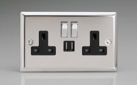 Varilight Classic Mirror Chrome 2-Gang 13A Single Pole Switched Socket with Metal Rockers + 2 5V DC 2100mA USB Charging Ports