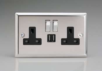 Varilight Classic Mirror Chrome 2-Gang 13A Single Pole Switched Socket with Metal Rockers + 2 5V DC 2100mA USB Charging Ports