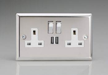 Varilight Classic Mirror Chrome 2-Gang 13A Single Pole Switched Socket with Metal Rockers + 2 5V DC 2100mA USB Charging Ports