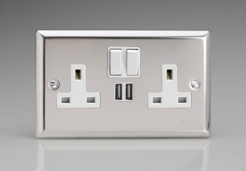 Varilight Classic Mirror Chrome 2-Gang 13A Single Pole Switched Socket + 2x5V DC 2100mA USB Charging Ports