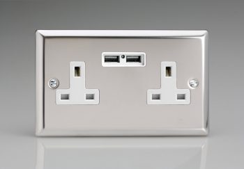 Varilight Classic Mirror Chrome 2-Gang 13A Unswitched Socket + 2x5V DC 2100mA USB Charging Ports