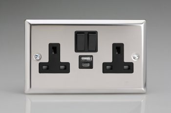 Varilight Classic Mirror Chrome 2-Gang 13A Single Pole Switched Socket with 1x USB A & 1x USB C Charging Ports