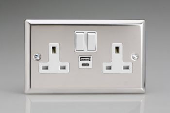 Varilight Classic Mirror Chrome 2-Gang 13A Single Pole Switched Socket with 1x USB A & 1x USB C Charging Ports