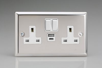 Varilight Classic Mirror Chrome 2-Gang 13A Single Pole Switched Socket with 1x USB A & 1x USB C Charging Ports