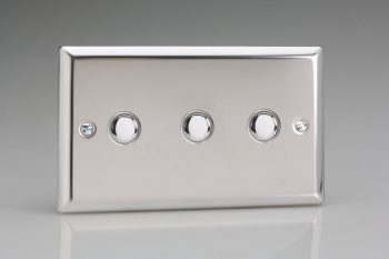 Varilight Classic Mirror Chrome 3-Gang 6A 1- or 2-Way Push-On/Off Impulse Switch (Twin Plate)