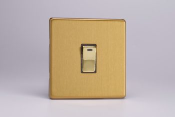 Varilight Flat Plate Screwless Brushed Brass 1-Gang 20A Double Pole Rocker Switch + Neon Indicator Light