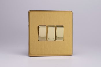 Varilight Screwless Flat Plate Brushed Brass 3 Gang 10 Amp 1- or 2-Way Rocker Light Switch