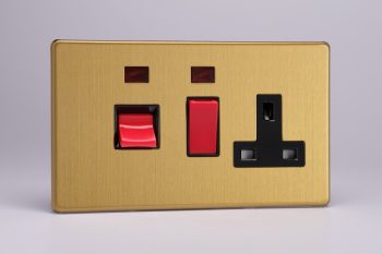 Varilight Flat Plate Screwless Brushed Brass 45A Cooker Panel + Neon with 13A Double Pole Switched Socket