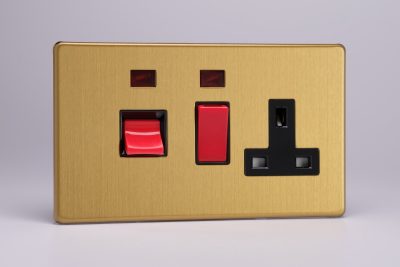 Varilight Flat Plate Screwless Brushed Brass 45A Cooker Panel + Neon with 13A Double Pole Switched Socket