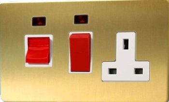 Varilight Flat Plate Screwless Brushed Brass 45A Cooker Panel + Neon with 13A Double Pole Switched Socket Outlet (White Inserts + Red Rocker)