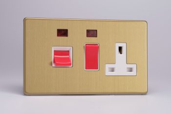 Varilight Flat Plate Screwless Brushed Brass 45A Cooker Panel + Neon with 13A Double Pole Switched Socket