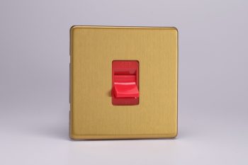 Varilight Flat Plate Screwless Brushed Brass 45A Cooker Switch (Single Plate, Red Rocker)