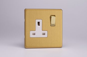 Varilight Flat Plate Screwless Brushed Brass 1-Gang 13A Double Pole Switched Socket with Metal Rockers