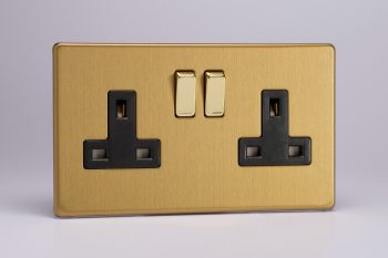 Varilight Flat Plate Screwless Brushed Brass 2-Gang 13A Double Pole Switched Socket with Metal Rockers