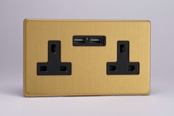 Varilight Flat Plate Screwless Brushed Brass 2-Gang 13A Unswitched Socket + 2 5V DC 2100mA USB Charging Ports