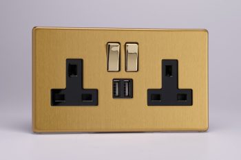 Varilight Flat Plate Screwless Brushed Steel 2-Gang 13A Single Pole Switched Socket with Metal Rockers + 2 5V DC 2100mA USB Charging Ports