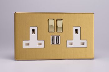 Varilight Flat Plate Screwless Brushed Brass 2-Gang 13A Single Pole Switched Socket with Metal Rockers + 2 5V DC 2100mA USB Charging Ports