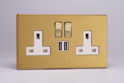 Varilight Flat Plate Screwless Brushed Brass 2-Gang 13A Single Pole Switched Socket with Metal Rockers + 2 5V DC 2100mA USB Charging Ports
