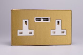 Varilight Flat Plate Screwless Brushed Brass 2-Gang 13A Unswitched Socket + 2 5V DC 2100mA USB Charging Ports