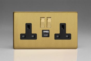 Varilight Screwless Brushed Brass 2-Gang 13A Single Pole Switched Socket with 1x USB A & 1x USB C Charging Ports
