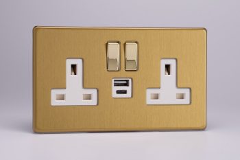 Varilight Flat Plate Screwless Brushed Brass 2-Gang 13A Single Pole Switched Socket with 1x USB A & 1x USB C Charging Ports