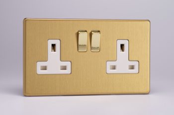 Varilight Flat Plate Screwless Brushed Brass 2-Gang 13A Double Pole Switched Socket with Metal Rockers