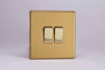 Varilight Screwless Flat Plate Brushed Brass 2 Gang 1x 10 Amp Intermediate Switch & 1x 10 Amp 1- or 2-Way Light Switch