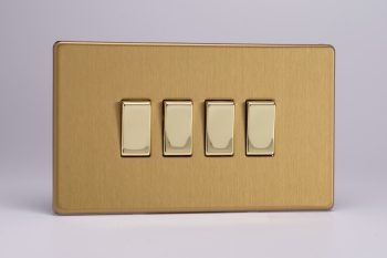 Varilight Screwless Flat Plate Brushed Brass 4 Gang 10 Amp 1- or 2-Way Rocker Light Switch (Twin Plate)