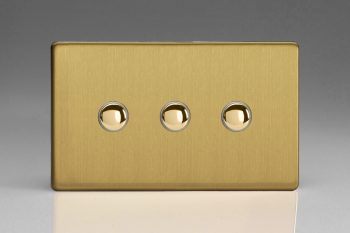Varilight Flat Plate Screwless Brushed Steel 3-Gang 6A 1-Way Push-to-Make Momentary Switch (Twin Plate)