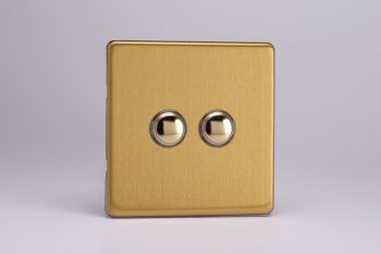 Varilight Screwless Flat Plate Brushed Brass 2 Gang 6 Amp 1- or 2-Way Push-On/Off Impulse Switch