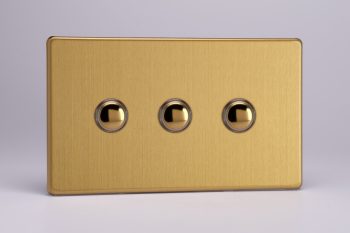 Varilight Screwless Flat Plate Brushed Brass 3 Gang 6 Amp 1- or 2-Way Push-On/Off Impulse Switch (Twin Plate)
