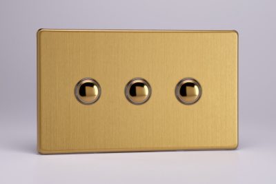 Varilight Screwless Flat Plate Brushed Brass 3 Gang 6 Amp 1- or 2-Way Push-On/Off Impulse Switch (Twin Plate)