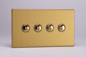 Varilight Flat Plate Screwless Brushed Brass 4 Gang 6 Amp 1- or 2-Way Push-On/Off Impulse Switch (Twin Plate)