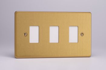 Varilight Flat Plate Screwless  Brushed Brass 3-Gang Grid Plate (Twin Plate) Faceplate