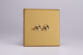Varilight Screwless Flat Plate Brushed Brass 2 Gang 10 Amp 1- or 2-Way Toggle Switch