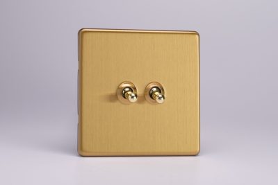 Varilight Screwless Flat Plate Brushed Brass 2 Gang 10 Amp 1- or 2-Way Toggle Switch