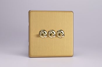 Varilight Screwless Flat Plate Brushed Brass 3 Gang 10 Amp 1- or 2-Way Toggle Switch