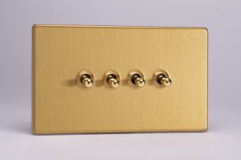 Varilight Screwless Flat Plate Brushed Brass 4 Gang 10 Amp 1- or 2-Way Toggle Switch (Twin Plate)